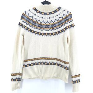 J.Crew Womens Ivory & Blue Rolled Hemline Mock Neck Nordic Lambs Wool Sweater S
